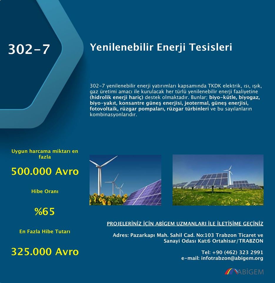 302-7 Yenilenebilir Enerji Yatırımlarına TKDK'dan %65 hibe